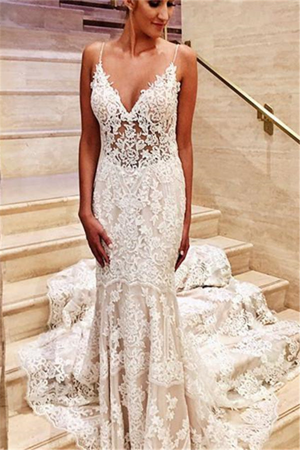 Glamorous White V Neck Lace Mermaid Slim Wedding Bridal Dress