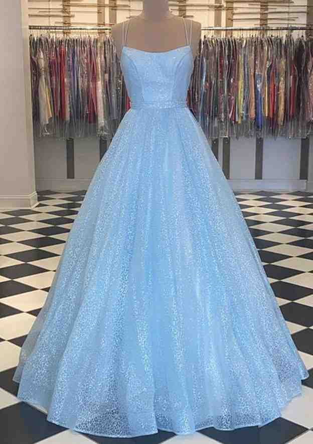 Glitter Beaded A-Line Spaghetti Straps Long Tulle Prom Dress/Evening Dress