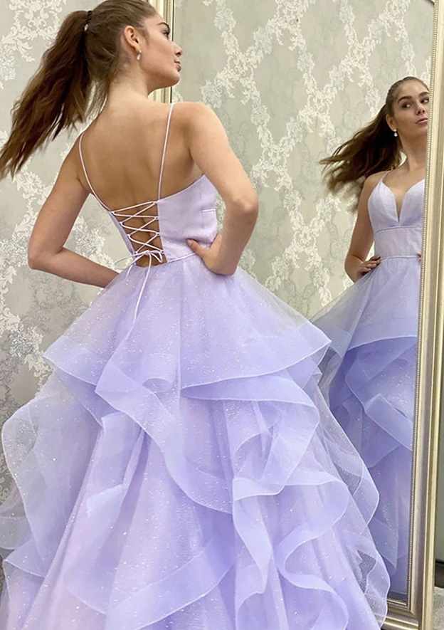 Glitter-Filled A-Line V-Neck Long Tulle Prom Dress/Evening Dress