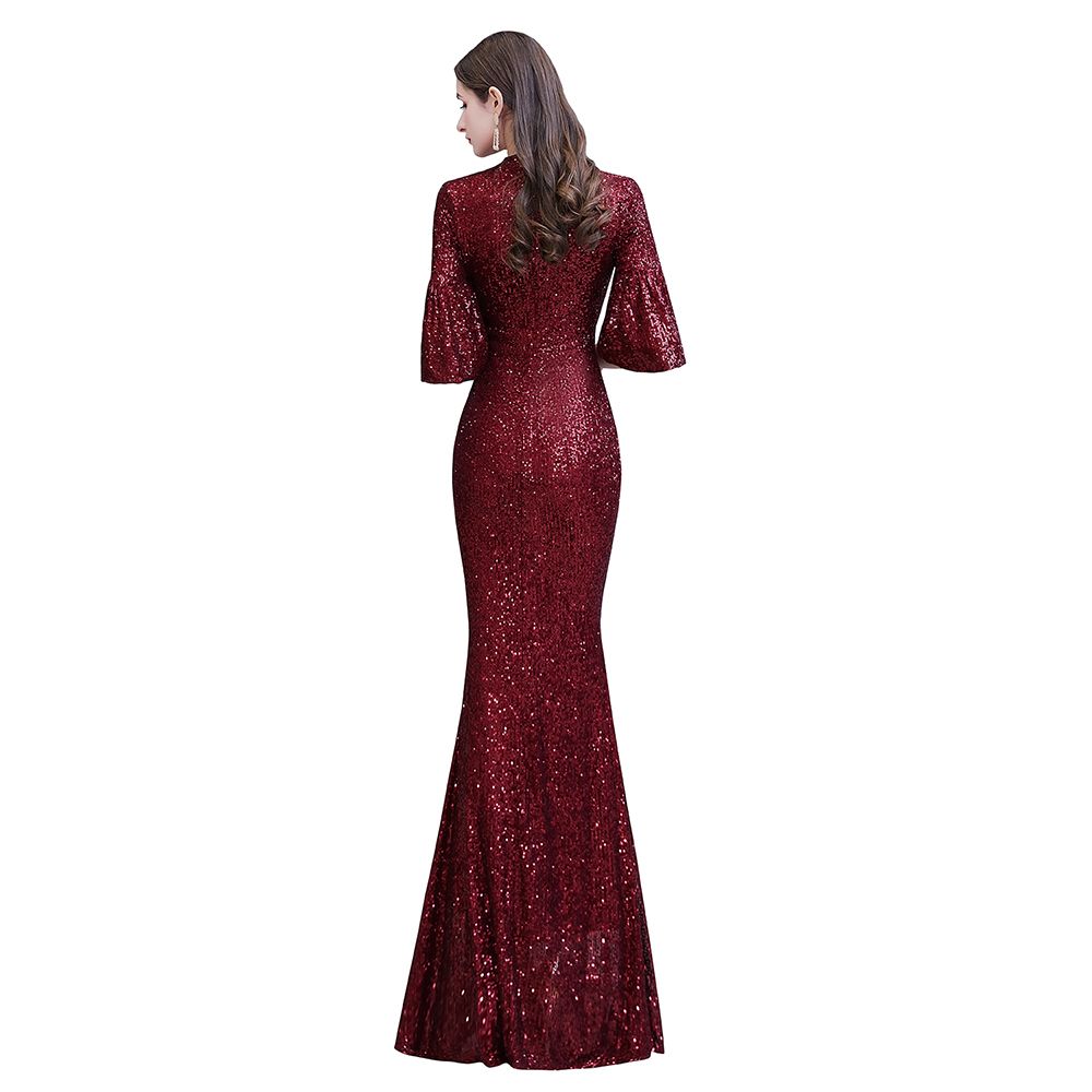 Glittering Half Sleeves Keyhole Mermaid Long Burgundy Prom Party Gowns