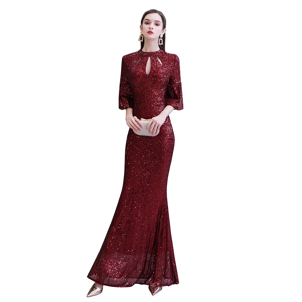 Glittering Half Sleeves Keyhole Mermaid Long Burgundy Prom Party Gowns