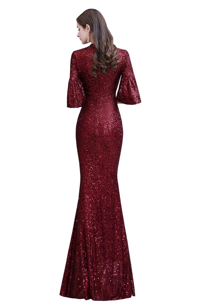 Glittering Half Sleeves Keyhole Mermaid Long Burgundy Prom Party Gowns