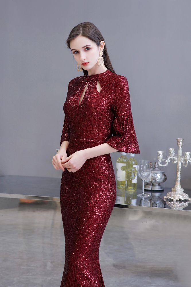 Glittering Half Sleeves Keyhole Mermaid Long Burgundy Prom Party Gowns