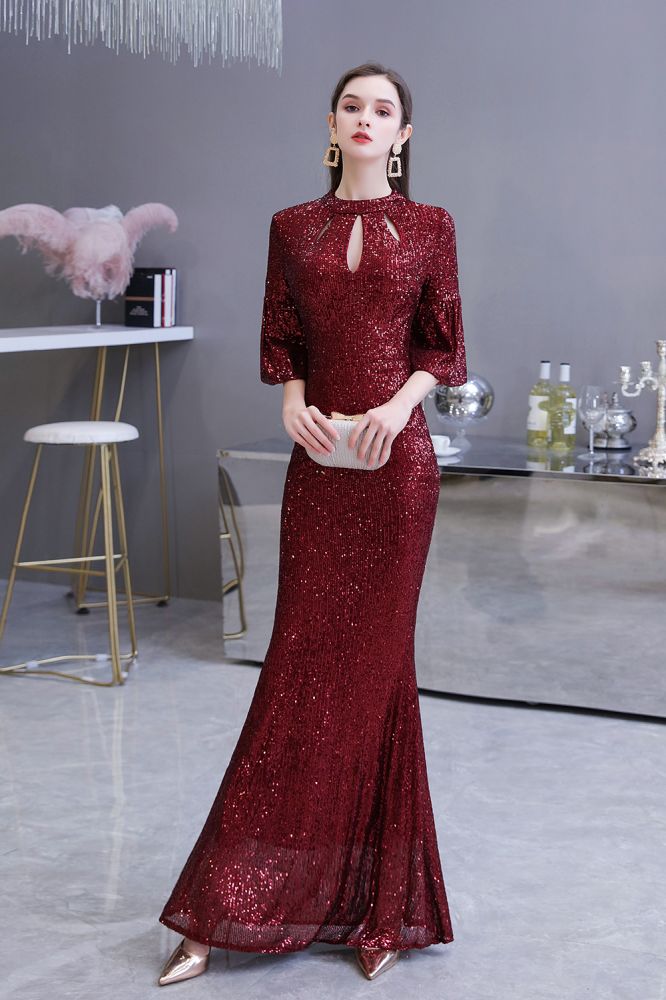 Glittering Half Sleeves Keyhole Mermaid Long Burgundy Prom Party Gowns