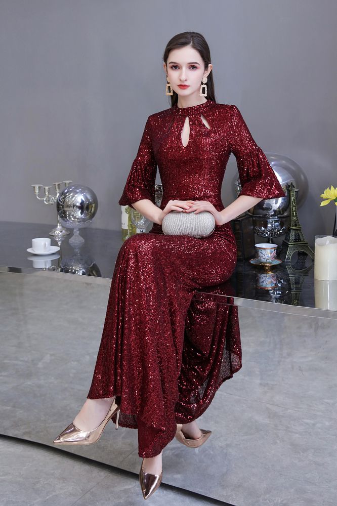 Glittering Half Sleeves Keyhole Mermaid Long Burgundy Prom Party Gowns