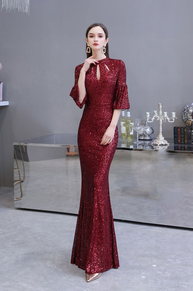 Glittering Half Sleeves Keyhole Mermaid Long Burgundy Prom Party Gowns