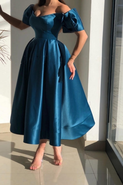 Glorious Blue Off-the-shoulder A-Line Ankle-Length Satin Evening Dresses