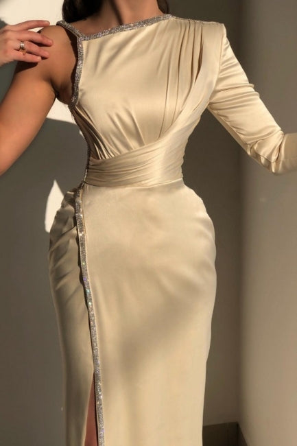 Glorious Ivory One Shoulder Long-Sleeve Sheath Evening Dresses With Sequins