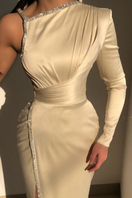 Glorious Ivory One Shoulder Long-Sleeve Sheath Evening Dresses With Sequins