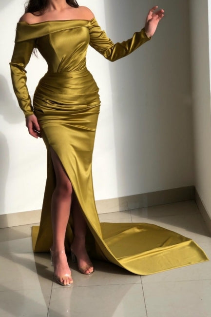 Glorious Yellow Off-the-shoulder Long-Sleeve Mermaid Long-Sleeve Evening Dresses