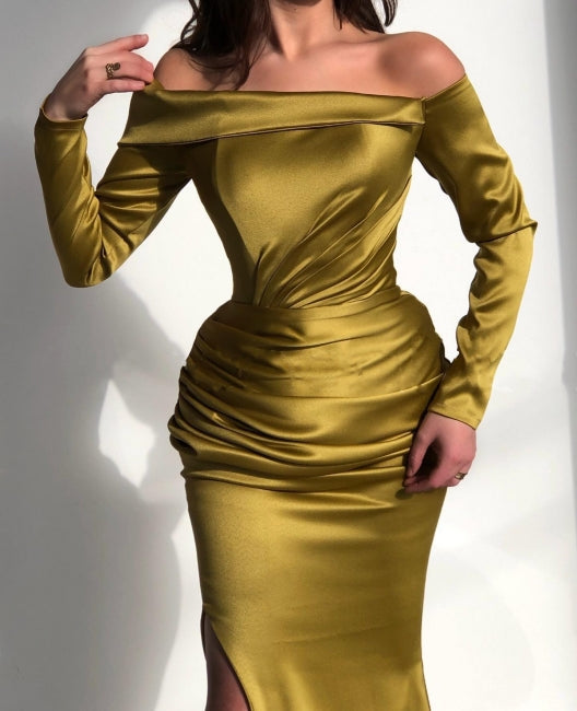 Glorious Yellow Off-the-shoulder Long-Sleeve Mermaid Long-Sleeve Evening Dresses