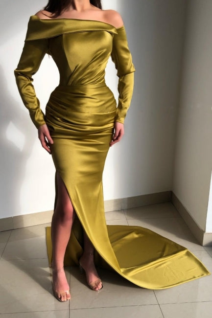 Glorious Yellow Off-the-shoulder Long-Sleeve Mermaid Long-Sleeve Evening Dresses