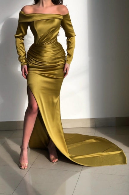 Glorious Yellow Off-the-shoulder Long-Sleeve Mermaid Long-Sleeve Evening Dresses