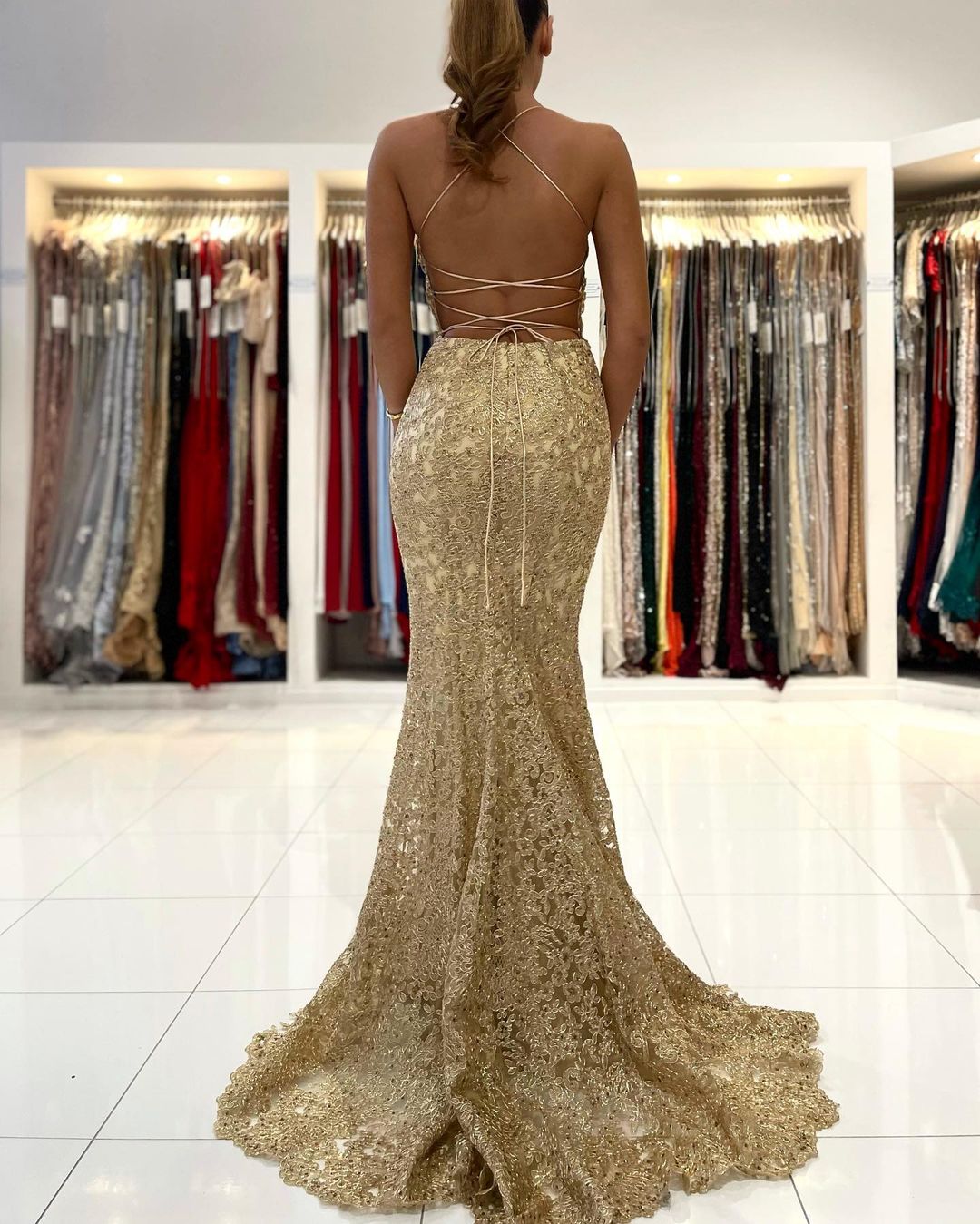 Gold Appliques Mermaid Evening Dress Halter Long Prom Gown