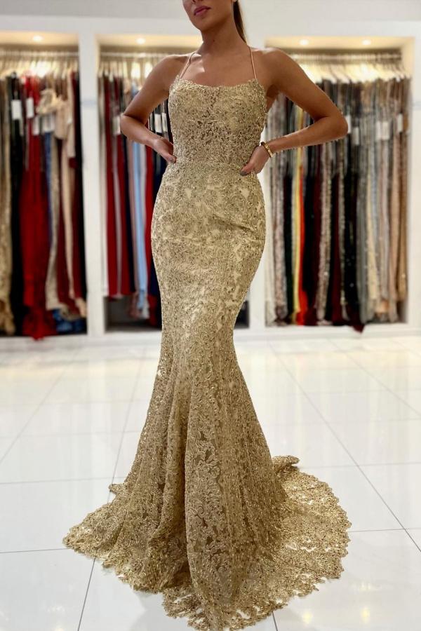 Gold Appliques Mermaid Evening Dress Halter Long Prom Gown