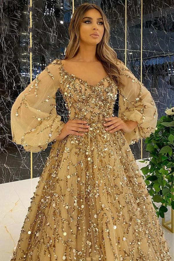 Gold Long Sleeves Prom Dress V-Neck With Sequins Appliques