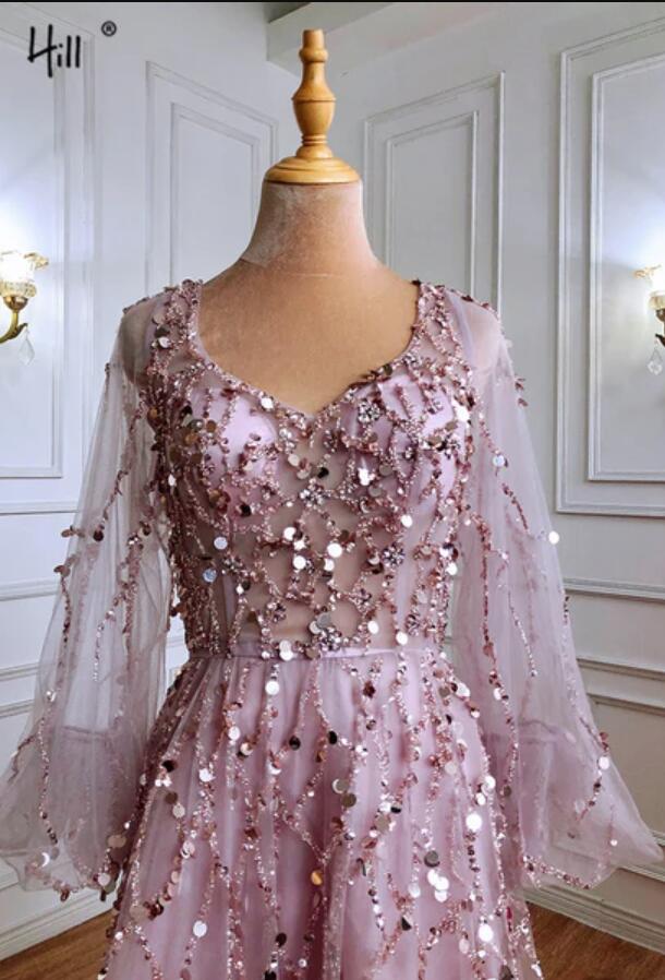 Gold Long Sleeves Prom Dress V-Neck With Sequins Appliques