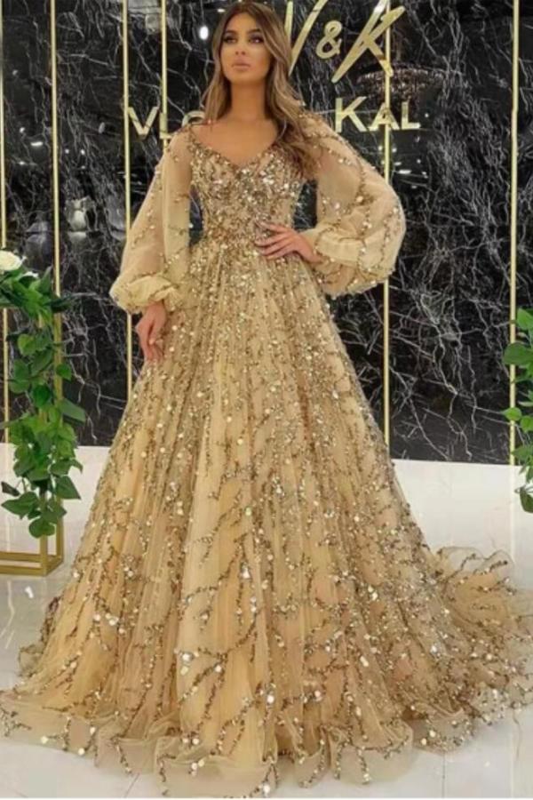 Gold Long Sleeves Prom Dress V-Neck With Sequins Appliques