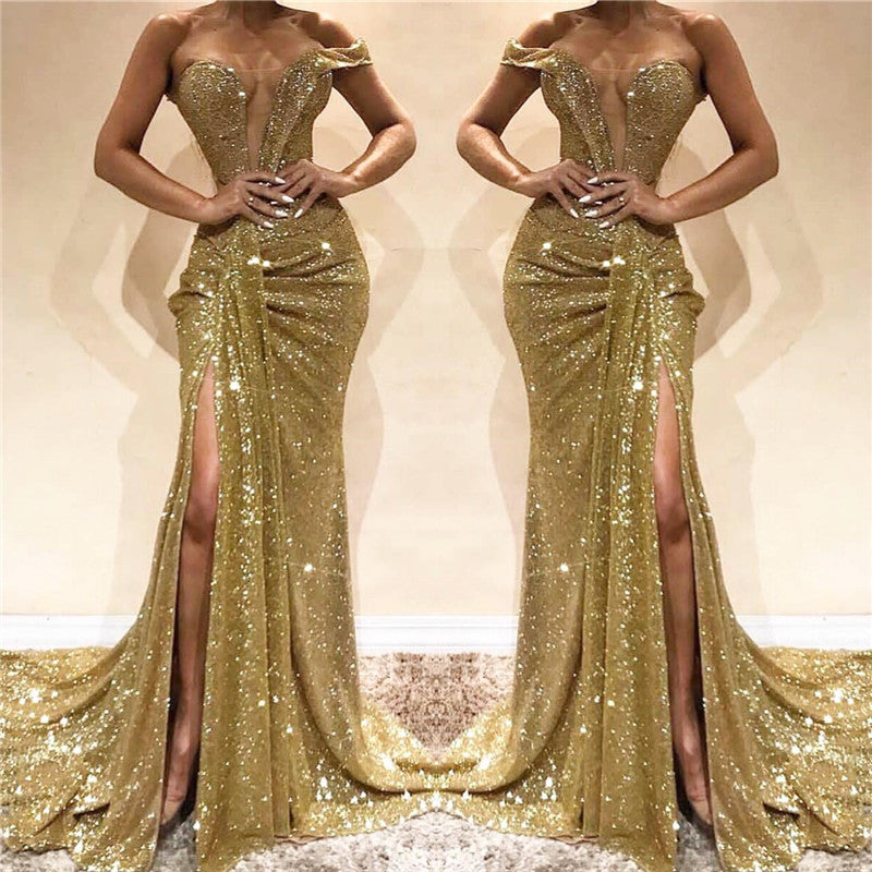 Gold Off-the-Shoulder Prom Dress Sequins Long Slit