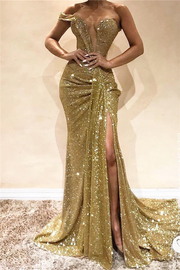 Gold Off-the-Shoulder Prom Dress Sequins Long Slit