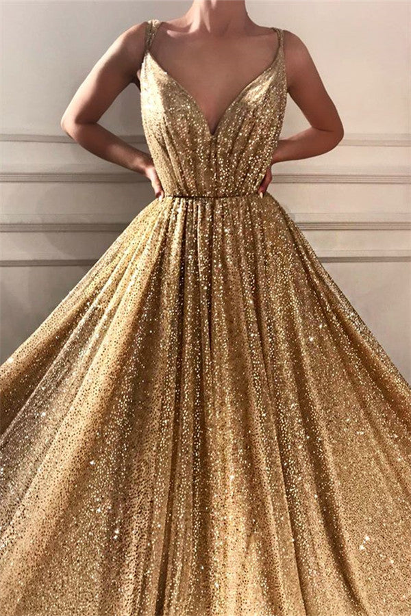 Gold Sequins V-Neck Prom Dress Sleeveless Long