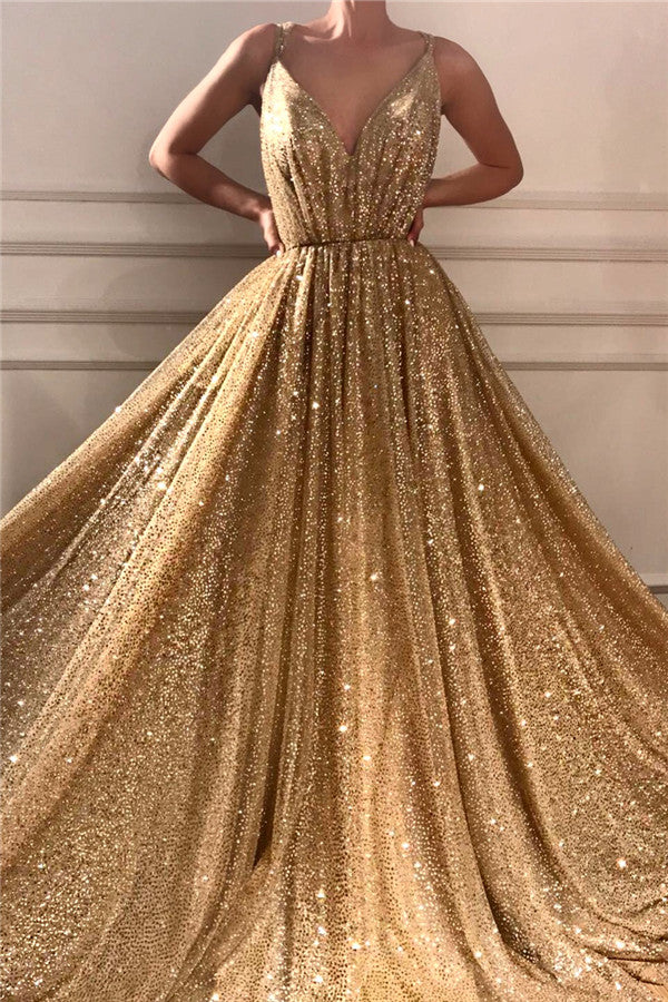 Gold Sequins V-Neck Prom Dress Sleeveless Long