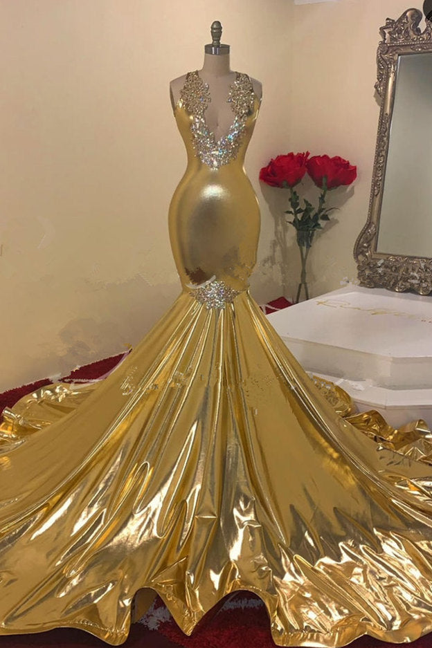 Gold V-Neck Prom Dress Mermaid Sleeveless With Appliques