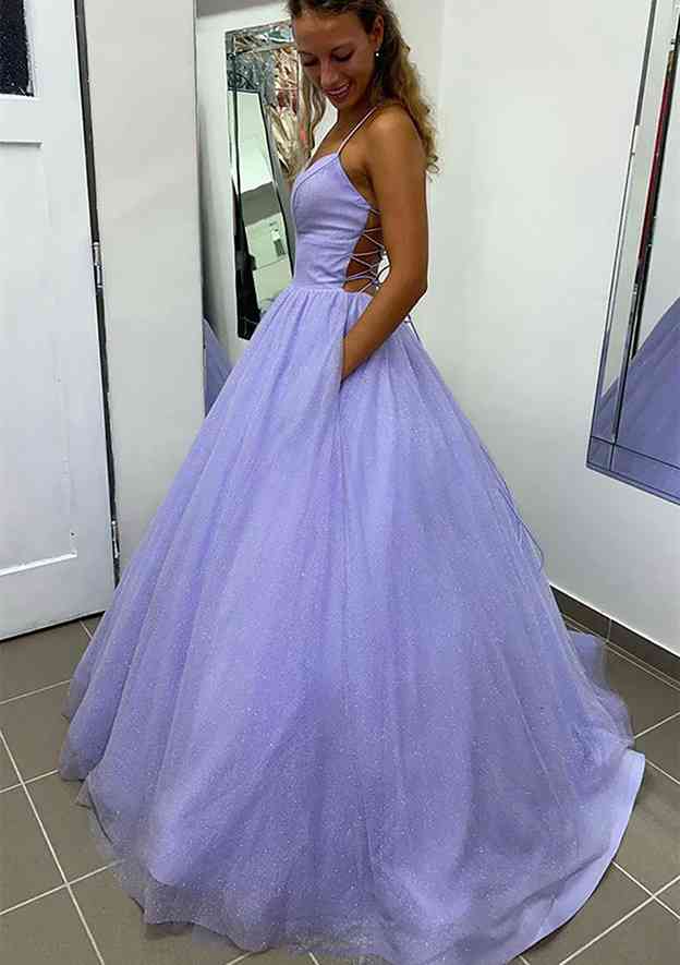 Gorgeous A-Line V-Neck Glitter Prom Dress/Evening Dress with Pockets for Special Occasions