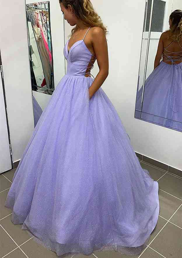 Gorgeous A-Line V-Neck Glitter Prom Dress/Evening Dress with Pockets for Special Occasions