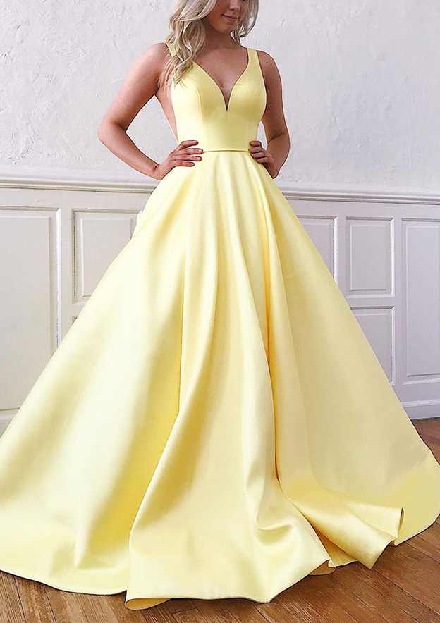 Gorgeous Ball Gown V-Neck Sleeveless Satin Sweep Train Prom Dress/Evening Dress