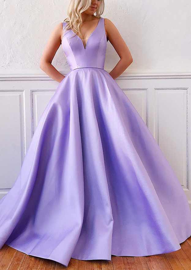 Gorgeous Ball Gown V-Neck Sleeveless Satin Sweep Train Prom Dress/Evening Dress