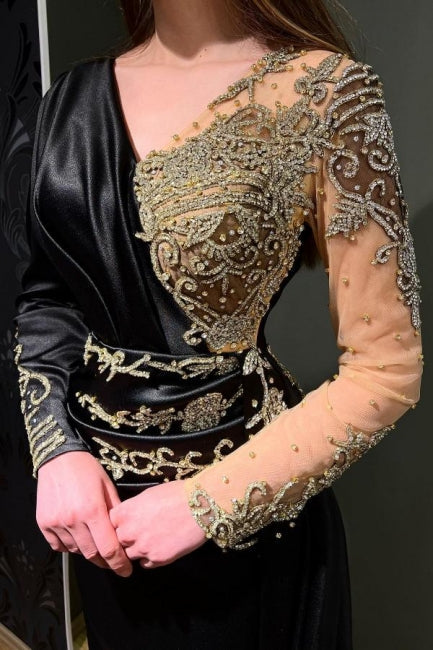 Gorgeous Black Long Sleeves Prom Dress Mermaid Lace Beadings Online