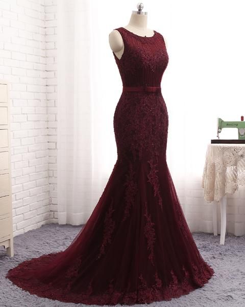 Gorgeous Burgundy Mermaid Prom Dress With Lace Appliques