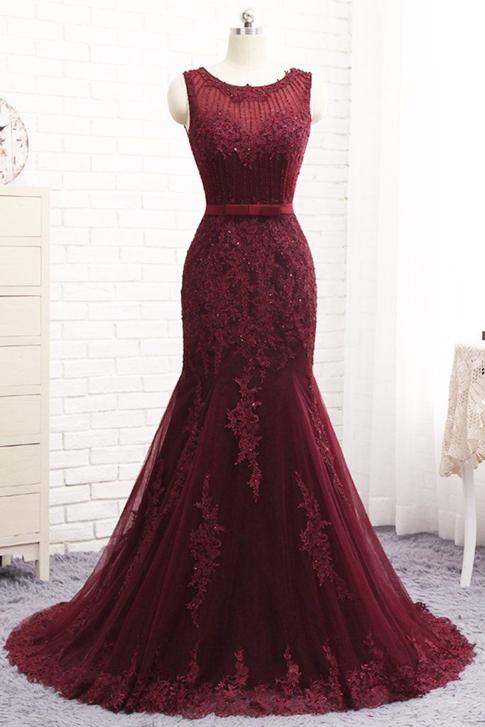 Gorgeous Burgundy Mermaid Prom Dress With Lace Appliques