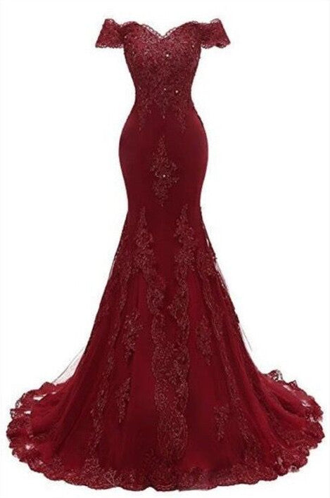 Gorgeous Burgundy Prom Party Gowns| Mermaid Lace Evening Gowns