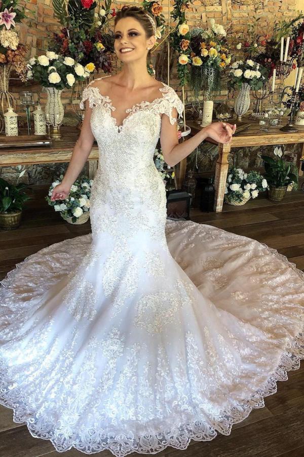 Gorgeous Cap Sleeves Mermaid Wedding Dress Lace Bridal Wear With Zipper Back