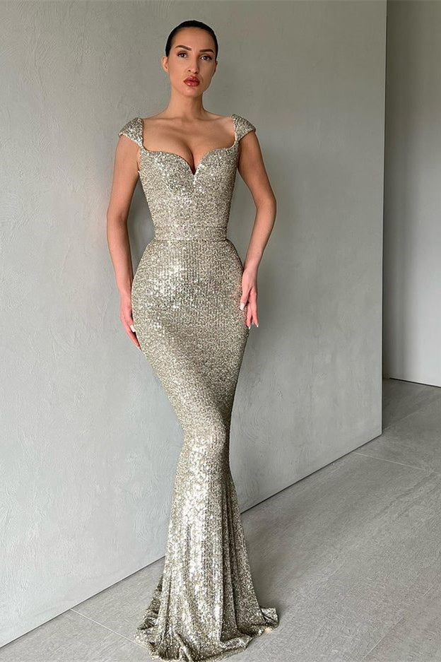 Gorgeous Cap Sleeves Sequins Mermaid Evening Dress Long Sweetheart