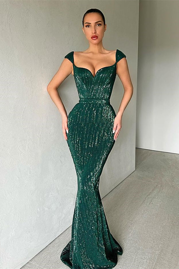 Gorgeous Cap Sleeves Sequins Mermaid Evening Dress Long Sweetheart