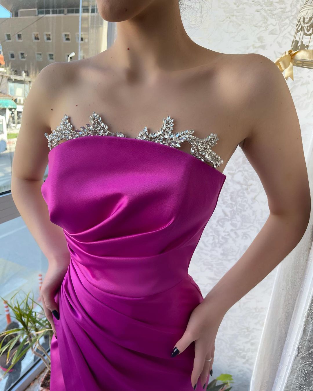 Fuchsia Radiance Strapless Crystal-Adorned Prom Dress Featuring a Slit