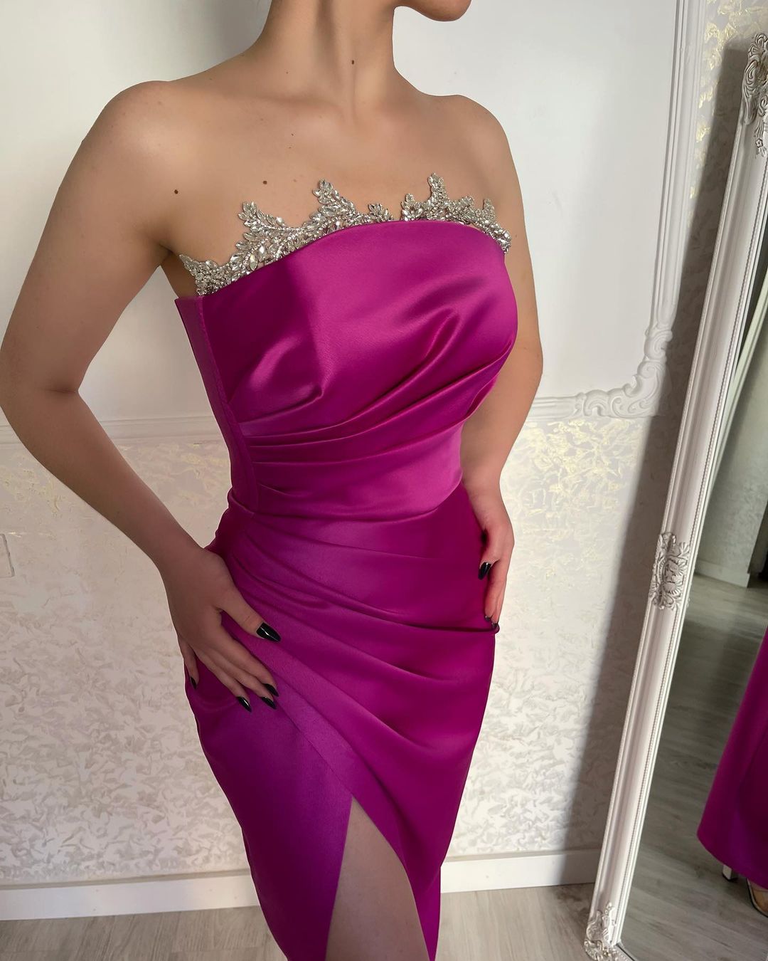 Fuchsia Radiance Strapless Crystal-Adorned Prom Dress Featuring a Slit