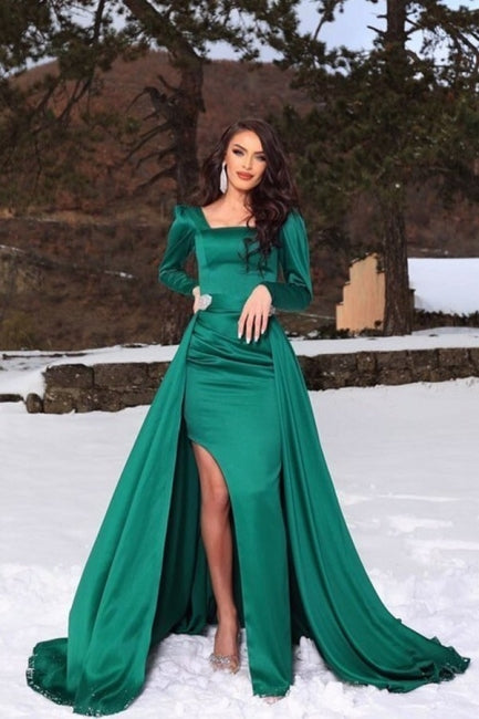 Gorgeous Green Square Long-Sleeve A-Line Satin Evening Dresses With Ruffles