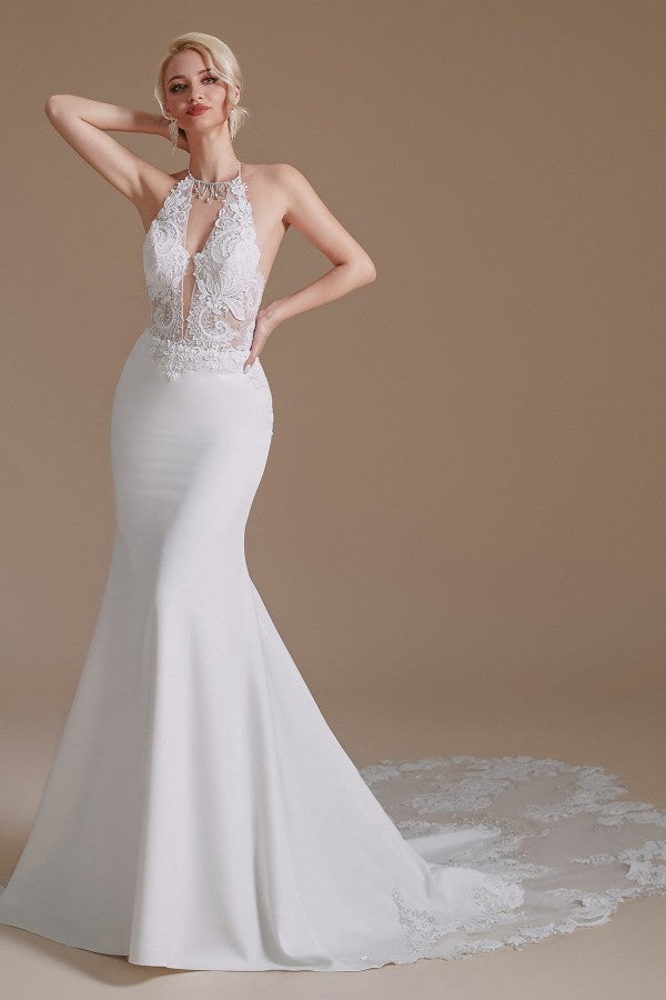 Gorgeous Halter Sleeveless Mermaid Wedding Dress With Appliques