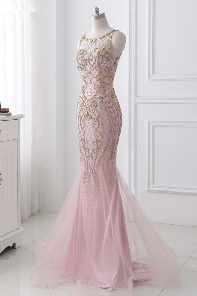 Gorgeous Jewel Pink Tulle Prom Dresses Mermaid Rhinestones Appliques Formal Dresses On Sale