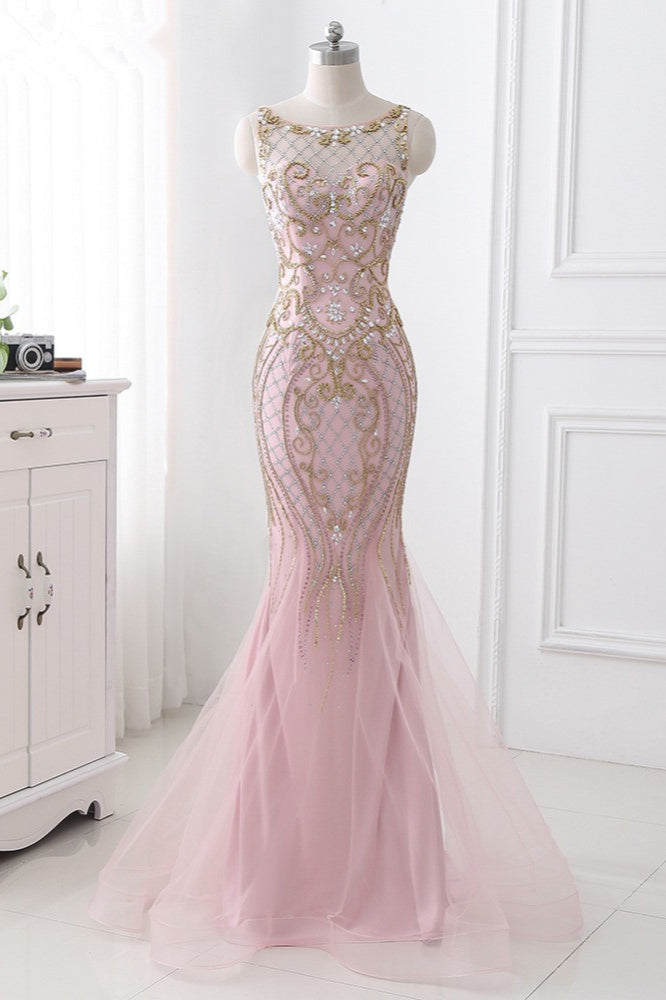 Gorgeous Jewel Pink Tulle Prom Dresses Mermaid Rhinestones Appliques Formal Dresses On Sale