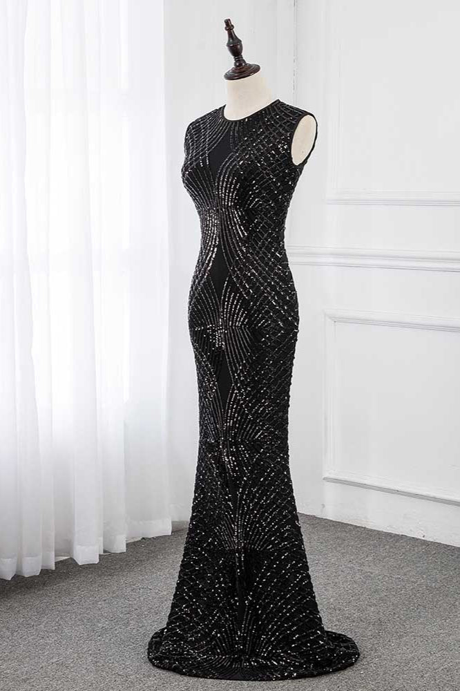 Gorgeous Jewel Sleeveles Black Mermaid Prom Dresses with Beadings