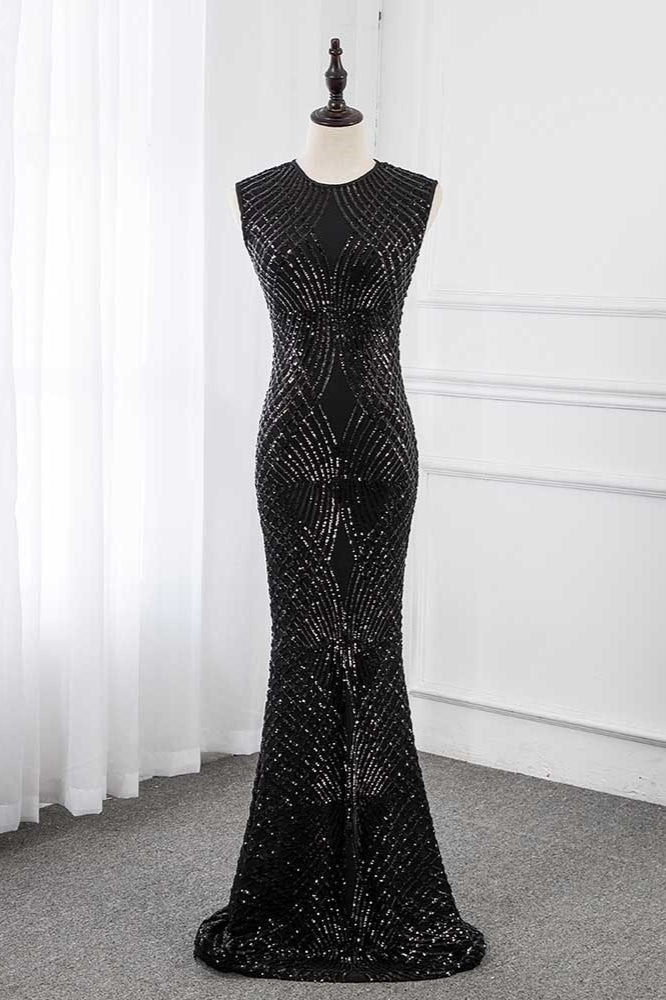 Gorgeous Jewel Sleeveles Black Mermaid Prom Dresses with Beadings