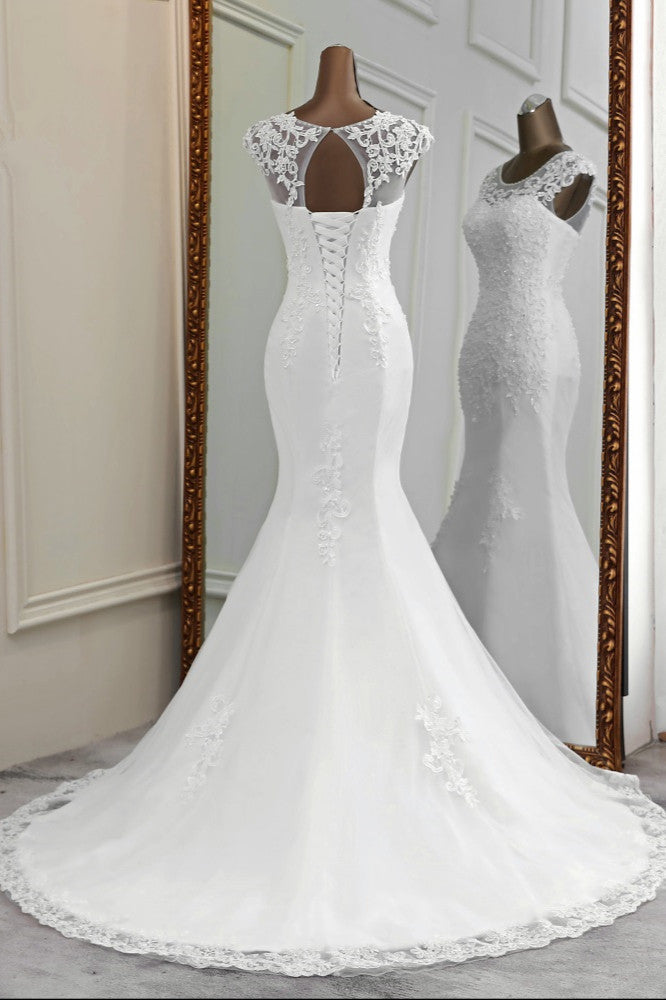 Gorgeous Jewel Sleeveless White Lace Mermaid Wedding Dresses with Appliques