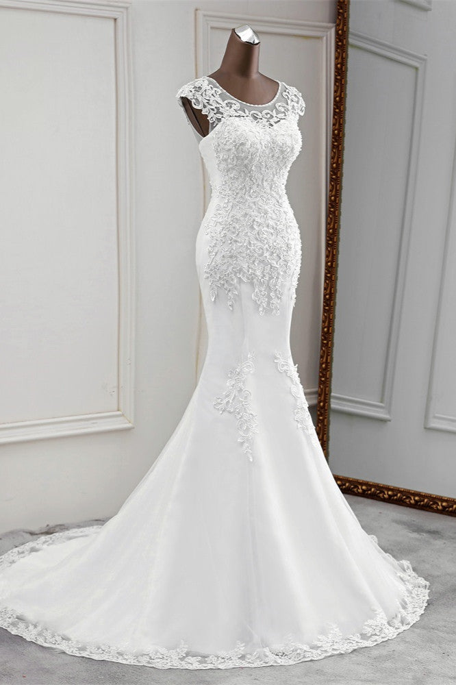 Gorgeous Jewel Sleeveless White Lace Mermaid Wedding Dresses with Appliques