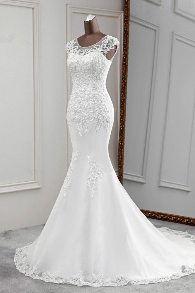 Gorgeous Jewel Sleeveless White Lace Mermaid Wedding Dresses with Appliques