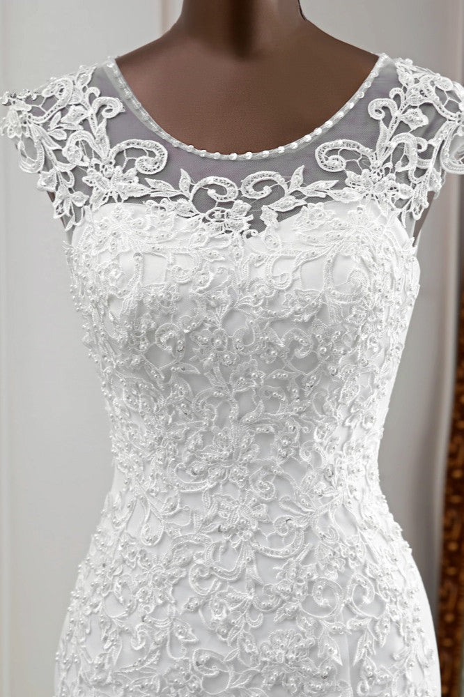 Gorgeous Jewel Sleeveless White Lace Mermaid Wedding Dresses with Appliques